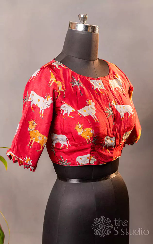 Maroon pichwai printed semi tussar readymade blouse 