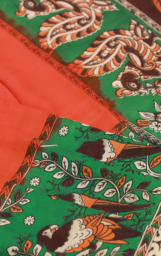 Orange kalamakari printed saree
