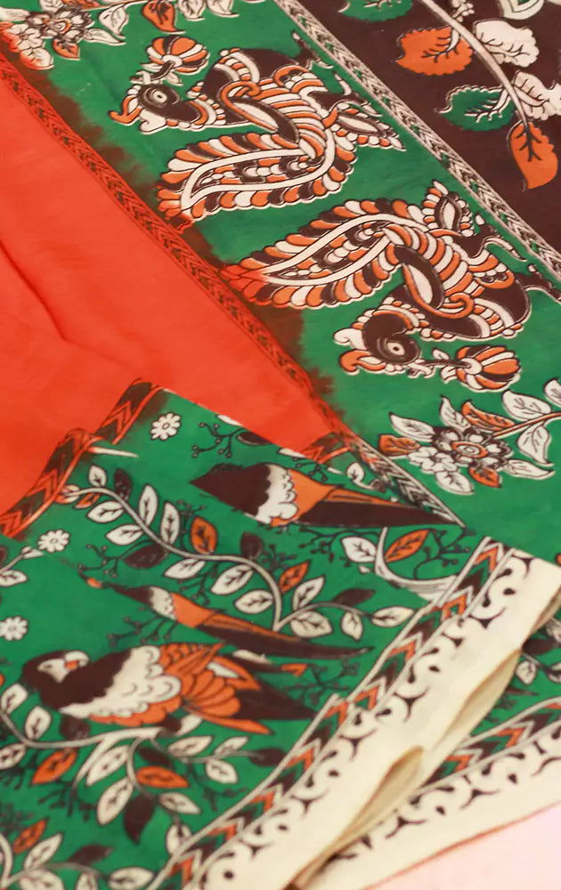Orange kalamakari printed saree