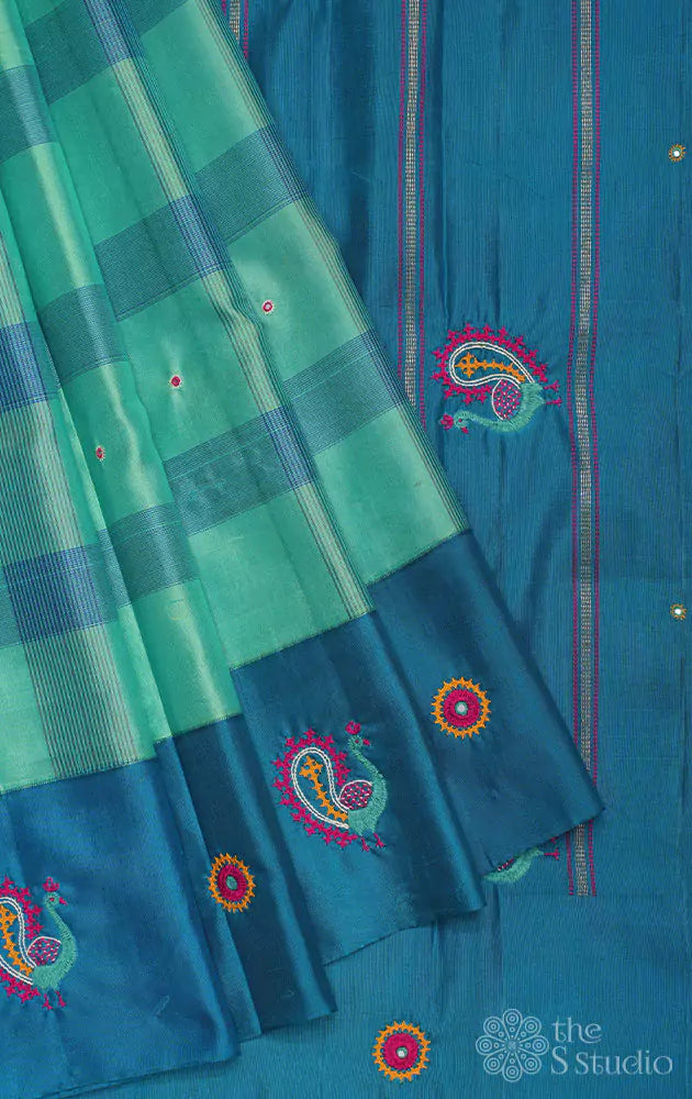 Bluish green checked kanchi silk saree with kutch hand embroidery