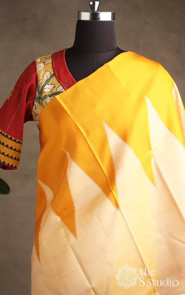 Yellow handpainted kalamkari blouse with contrast sleeves