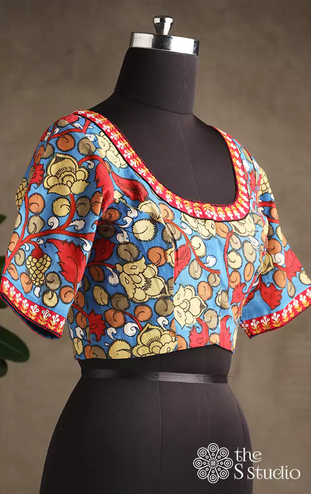 Blue handpainted kalamkari blouse with neck embroidery
