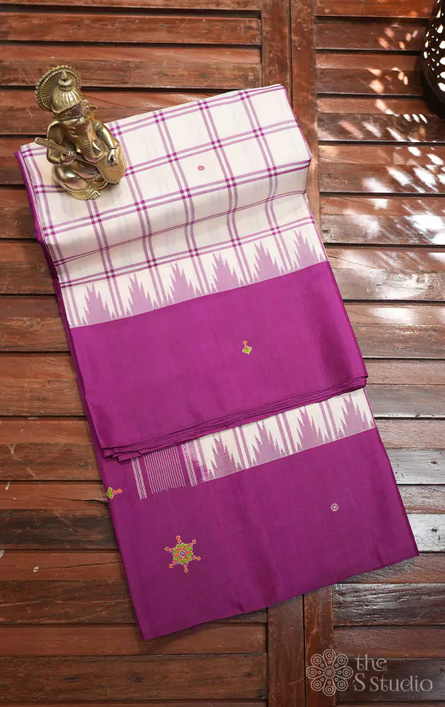 White checked kanchi silk saree with korvai purple border and  kutch hand embroidery
