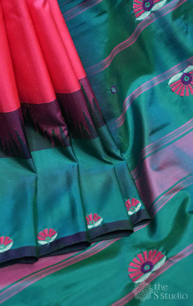 Bright rose kanchi silk Temple border saree with kutch hand embroidery
