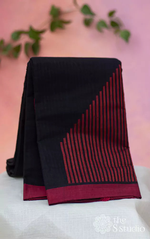 Black Handloom Kanchi Cotton Saree with stripes