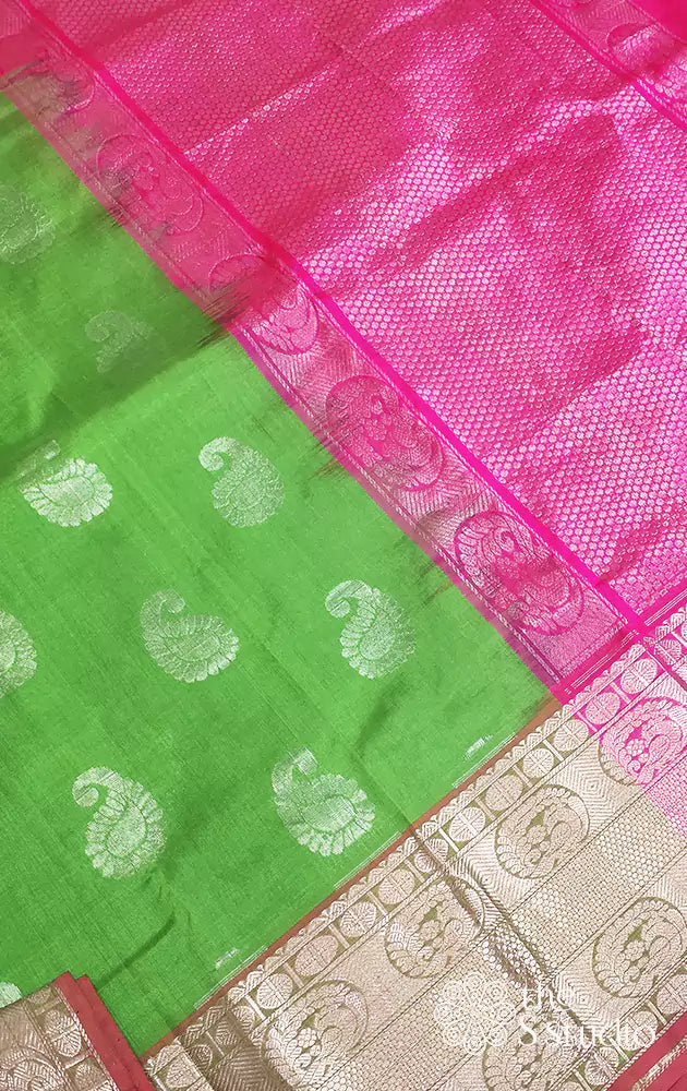 Parrot green silk cotton saree with silver zari border