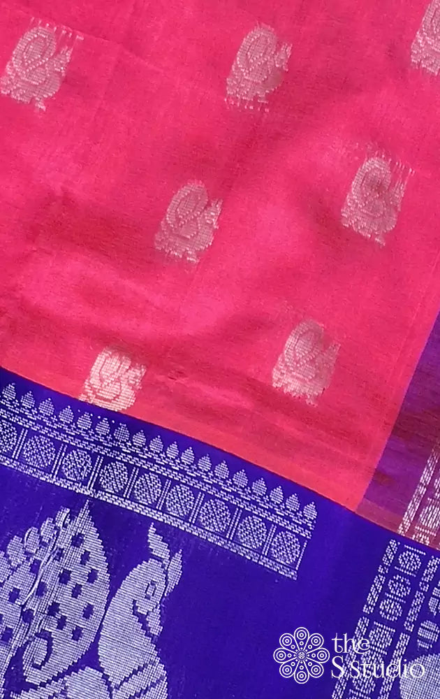 Deep rose silk cotton saree with korvai bright blue border