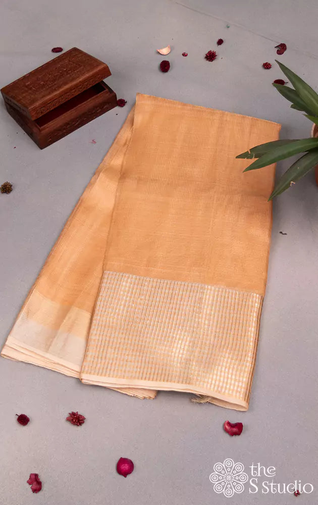 Peach tissue silk saree with silver zari border