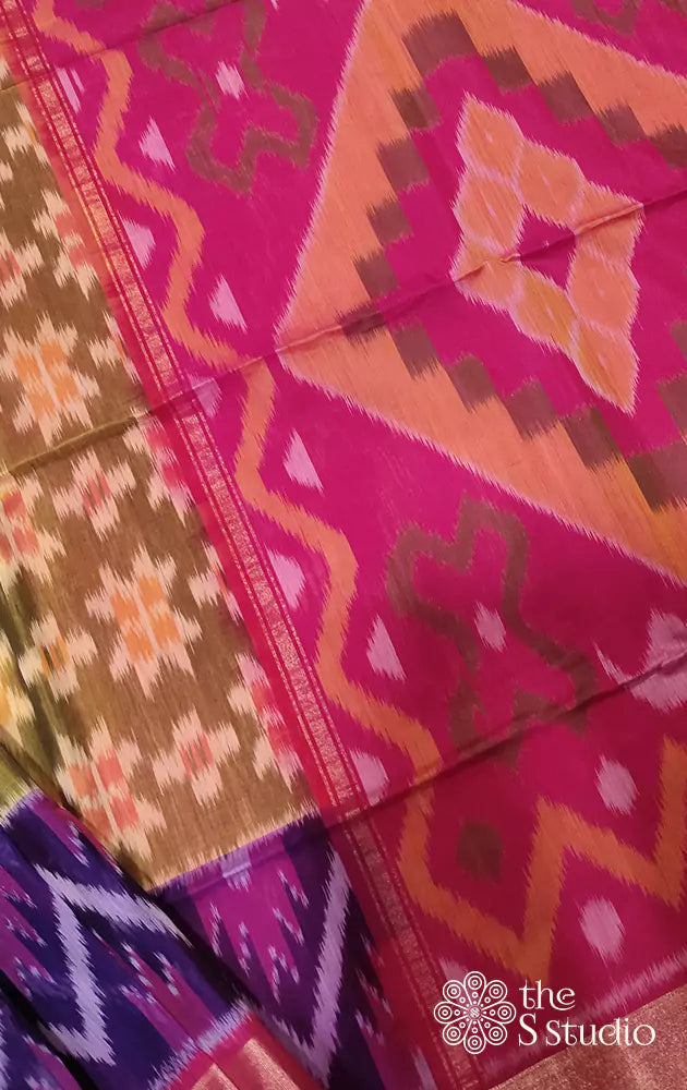 Methi green ikat kora silk cotton saree with rani pink pallu