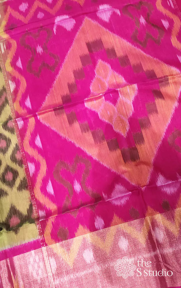 Parrot green ikat kora silk cotton saree with rani pink pallu