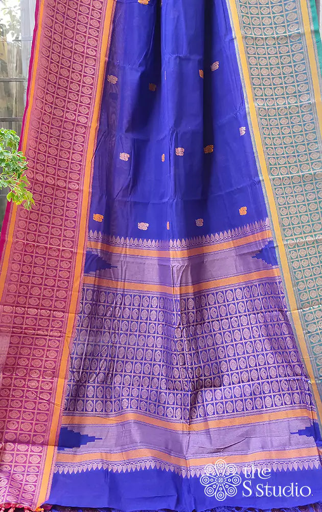 Blue Kanchi Cotton Saree With Ganga Jamuna border