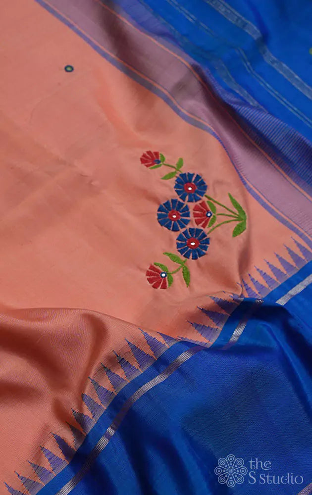 Peach kanjivaram saree with blue border and kutch embroidery