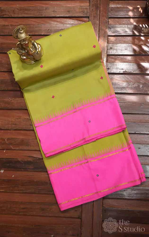 Apple green kanchi silk saree with korvai rose border and  kutch hand embroidery