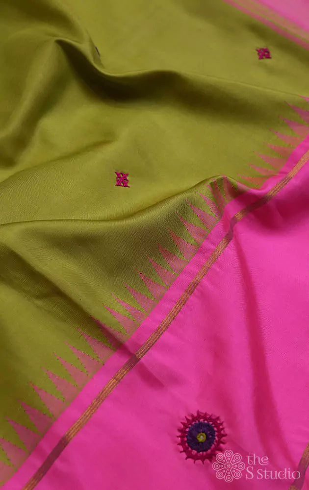 Apple green kanchi silk saree with korvai rose border and  kutch hand embroidery
