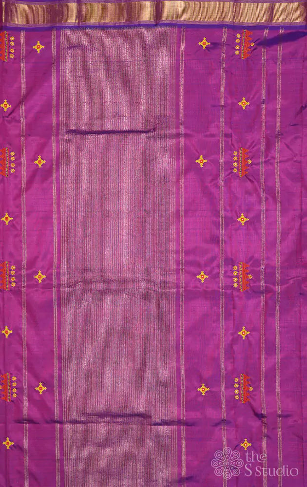 Light pink kanchipuram silk saree with kutch hand embroidery