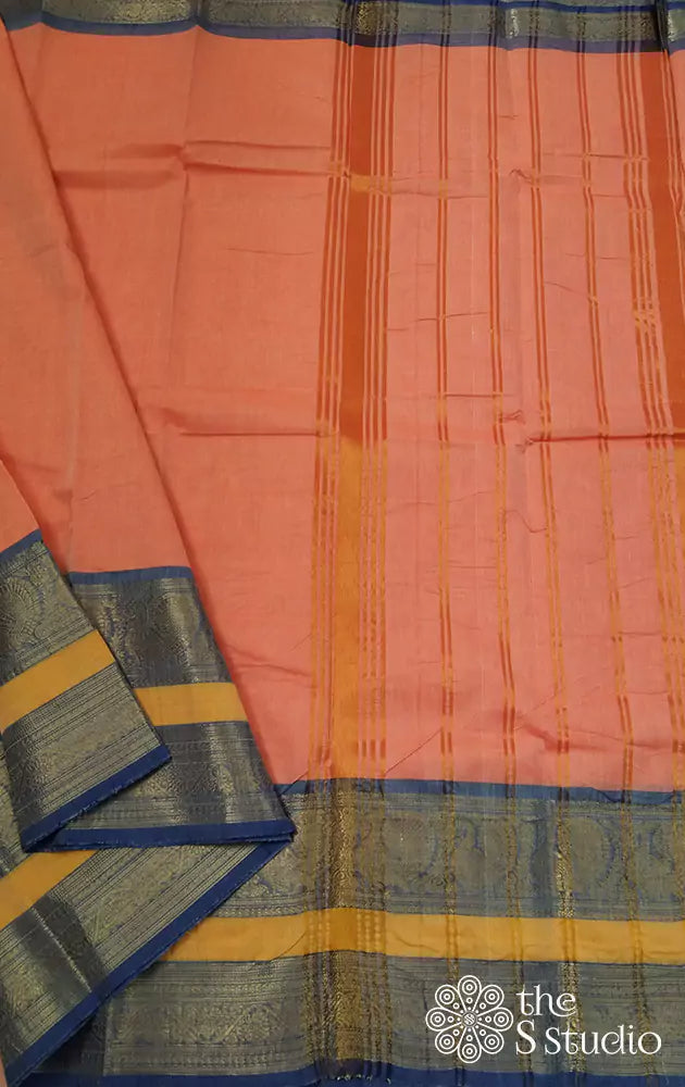 Peach kanchi cotton saree with light violet border