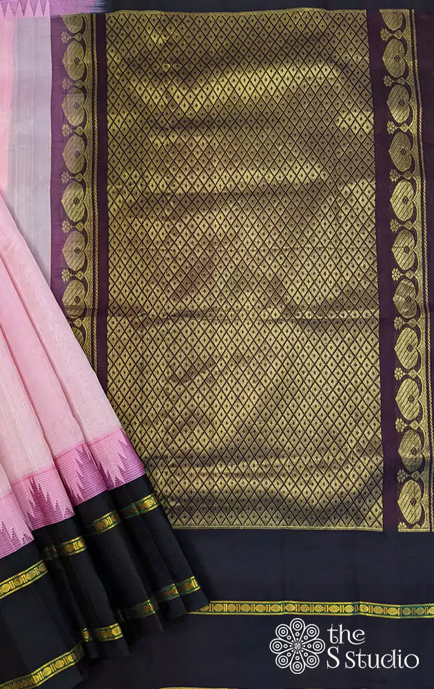 Baby pink silk cotton saree with temple border