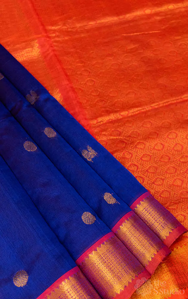 Royal blue silk cotton ten yards saree with orange border