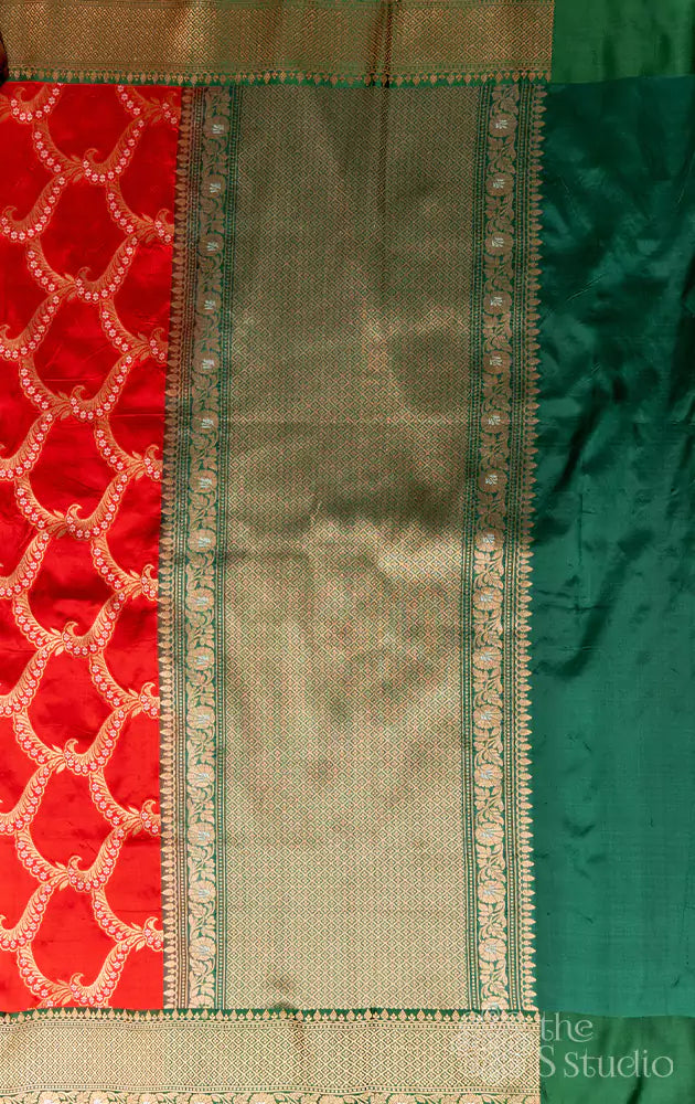 Red banarasi silk saree with green antique zari border