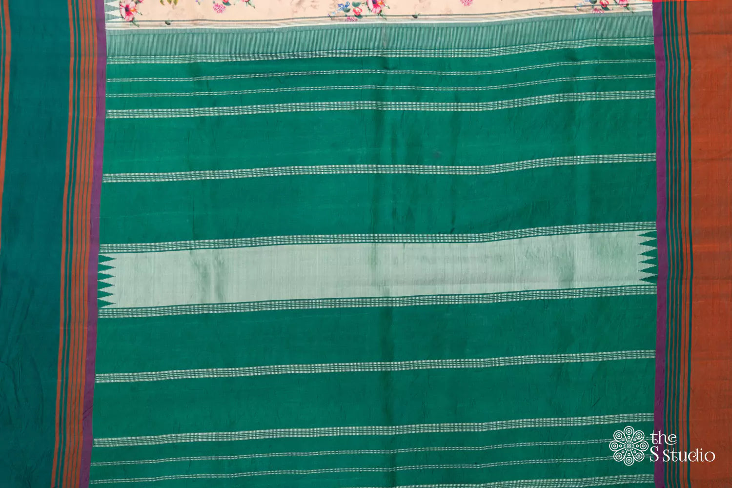 Peach printed kanchi silk saree with ganga jamuna border