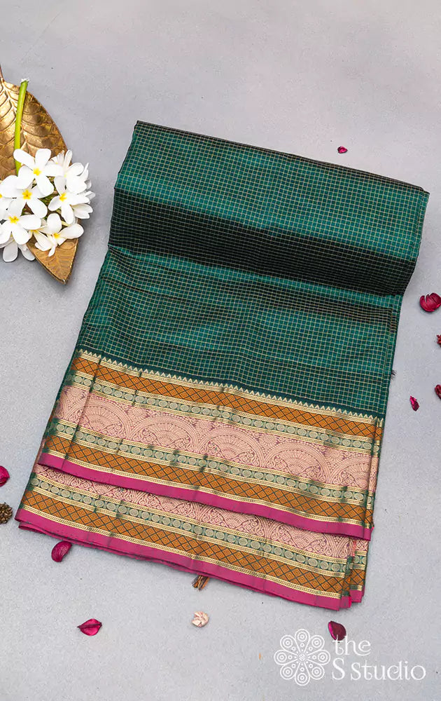 Green small checks silk cotton saree