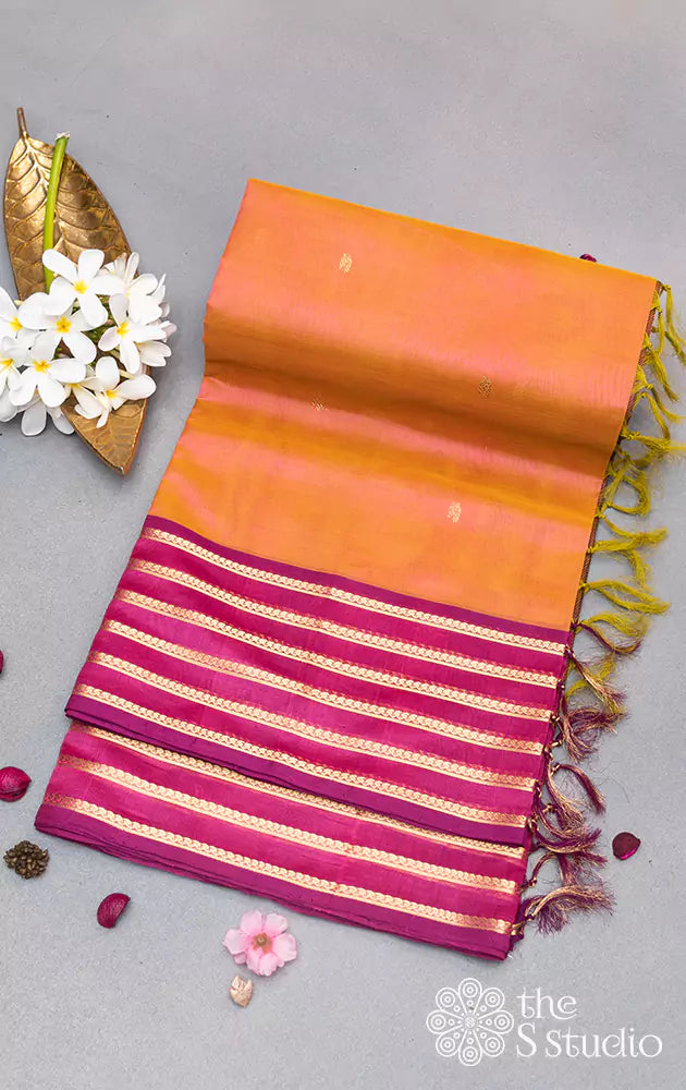Peach silk cotton saree with violet zari border