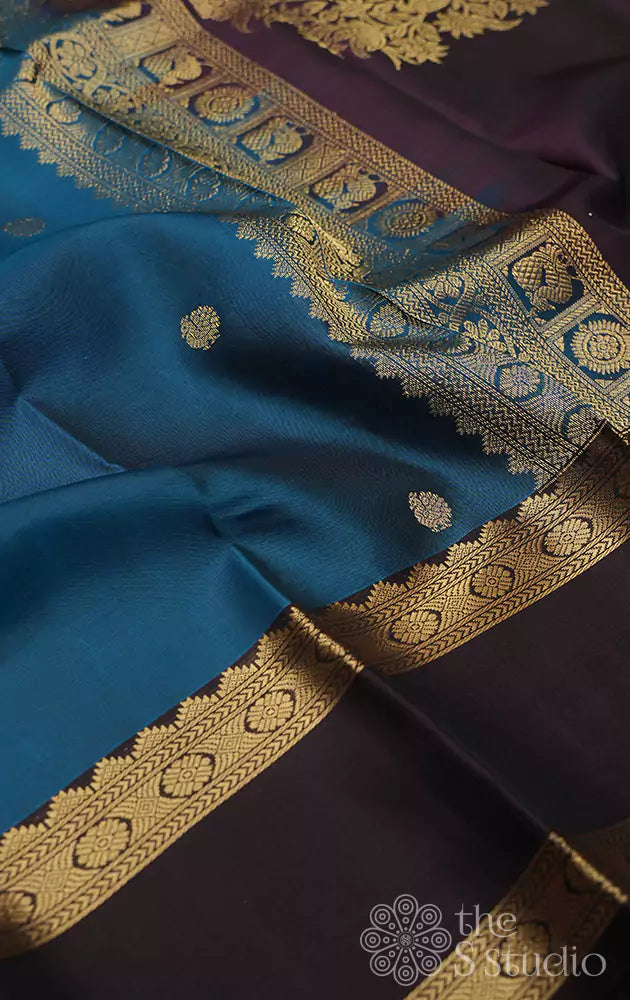 Blue kanchipuram silk saree with rettaipet brown border