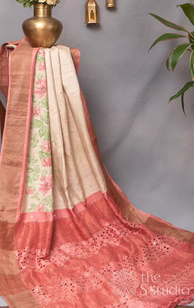 Off white tussar saree with floral prints and cutwork