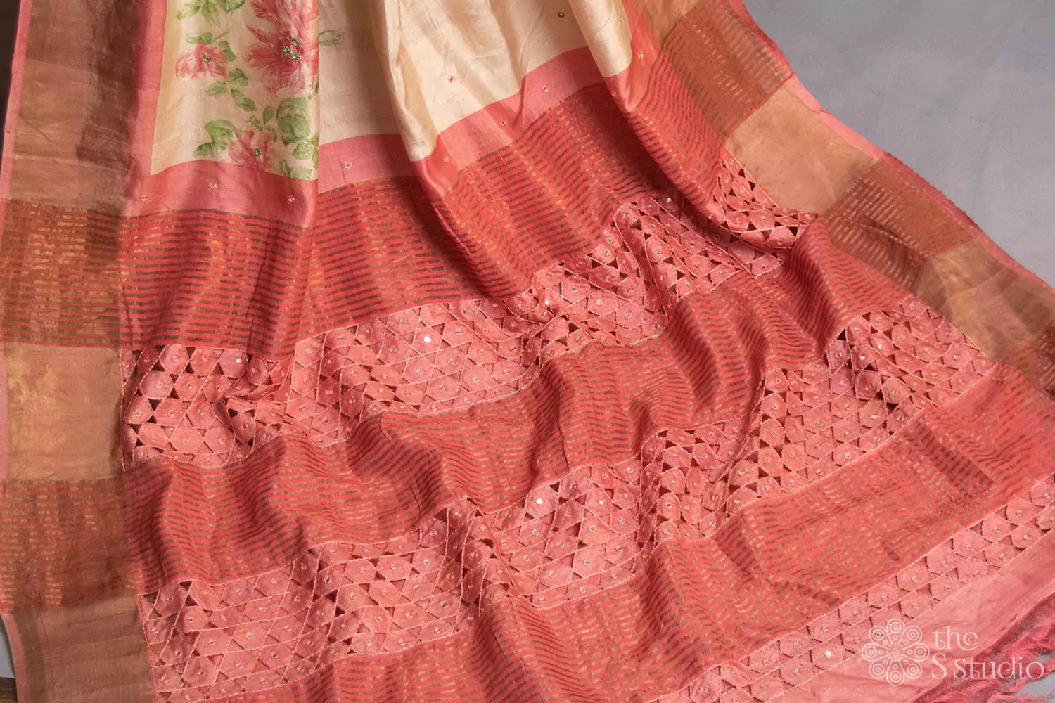 Off white tussar saree with floral prints and cutwork