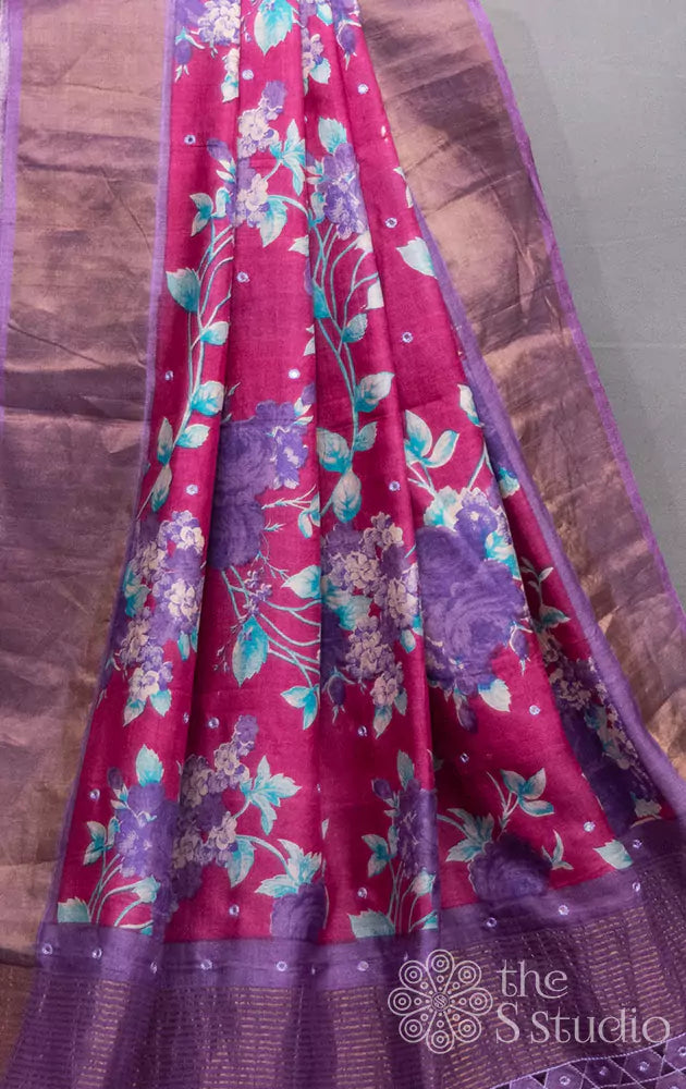 Magenta floral printed tussar silk saree with cutwork pallu