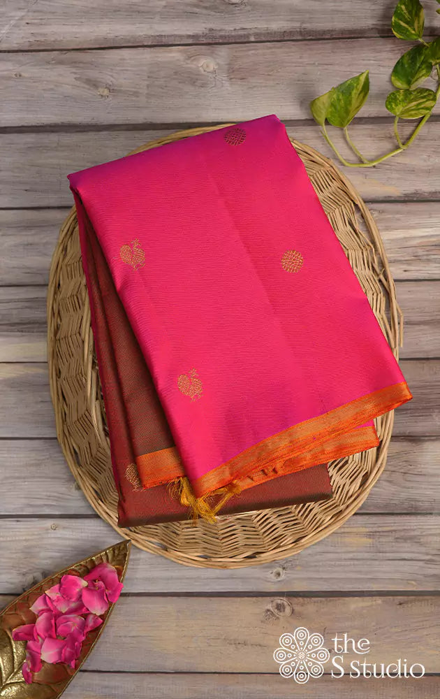 Brown and rani pink kanchi silk saree with long border