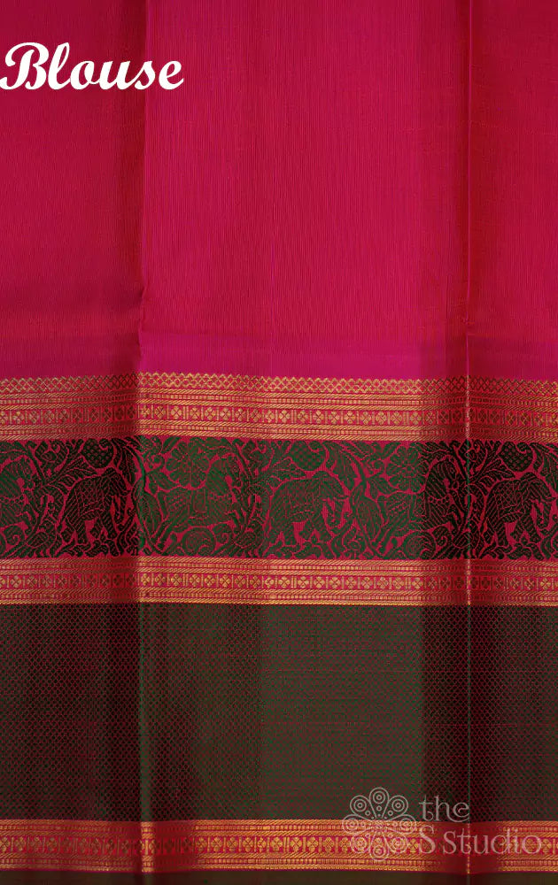 Elachi green kanjivaram saree with korvai ranipink border with thread work