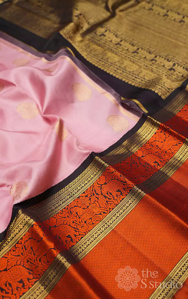 Onion pink kanjivaram saree with korvai brown border