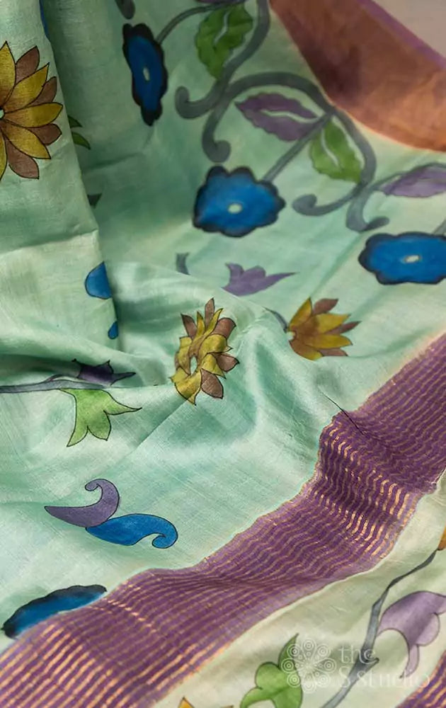 Sea Green floral hand painted tussar saree
