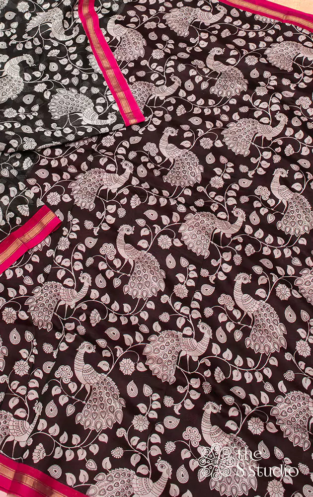 Black chanderi saree with prints