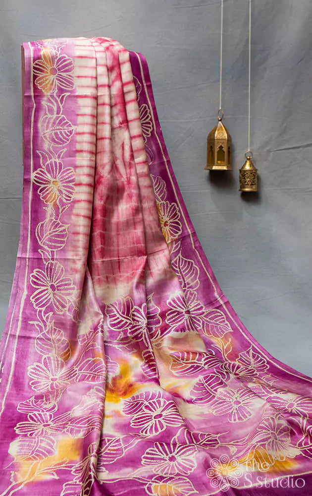 Pink batik and floral print tussar saree