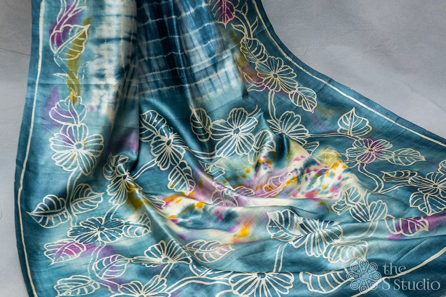 Light sky blue batik and floral print tussar saree