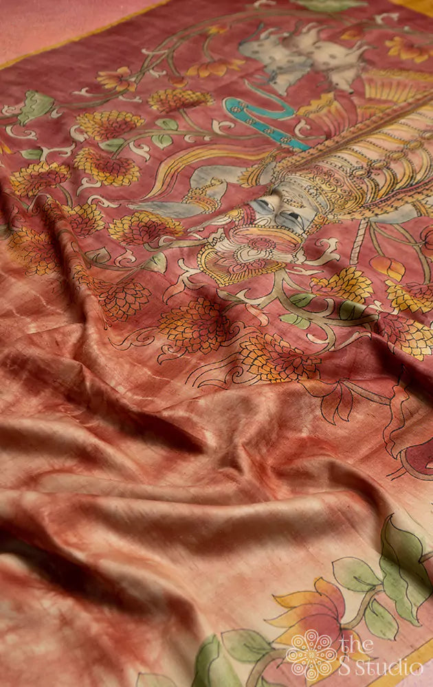 Rust batik and floral print tussar saree