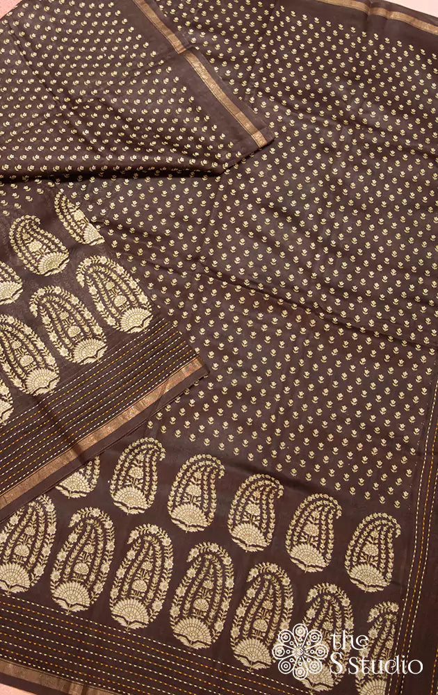 Brown printed cotton saree with embroidery