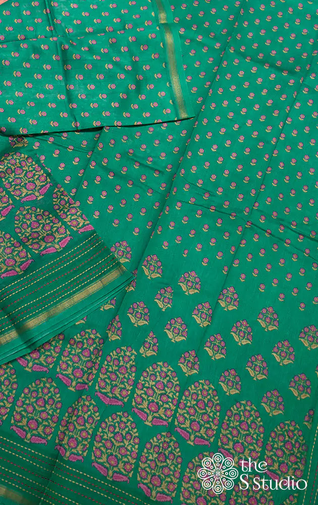 Sea green floral printed chanderi cotton saree