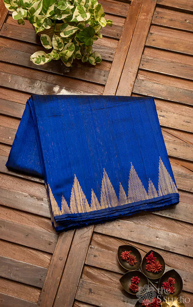 Royal blue temple border raw silk saree