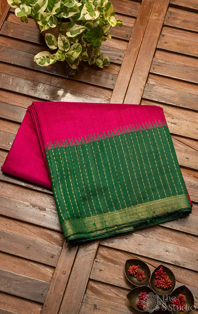 Rani pink with green border raw silk saree