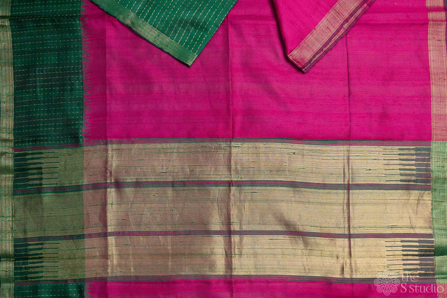 Rani pink with green border raw silk saree