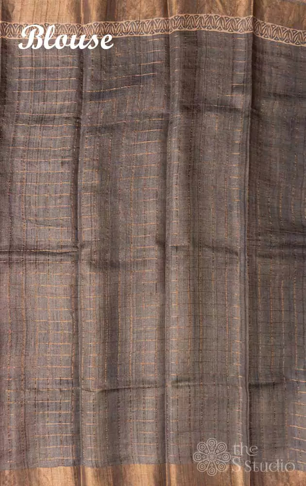 Brown and magenta zari checked tussar saree with floral prints