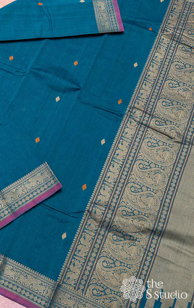Peacock Blue Light Weight Kanchi Cotton Saree With Threadwork Border And Pallu
