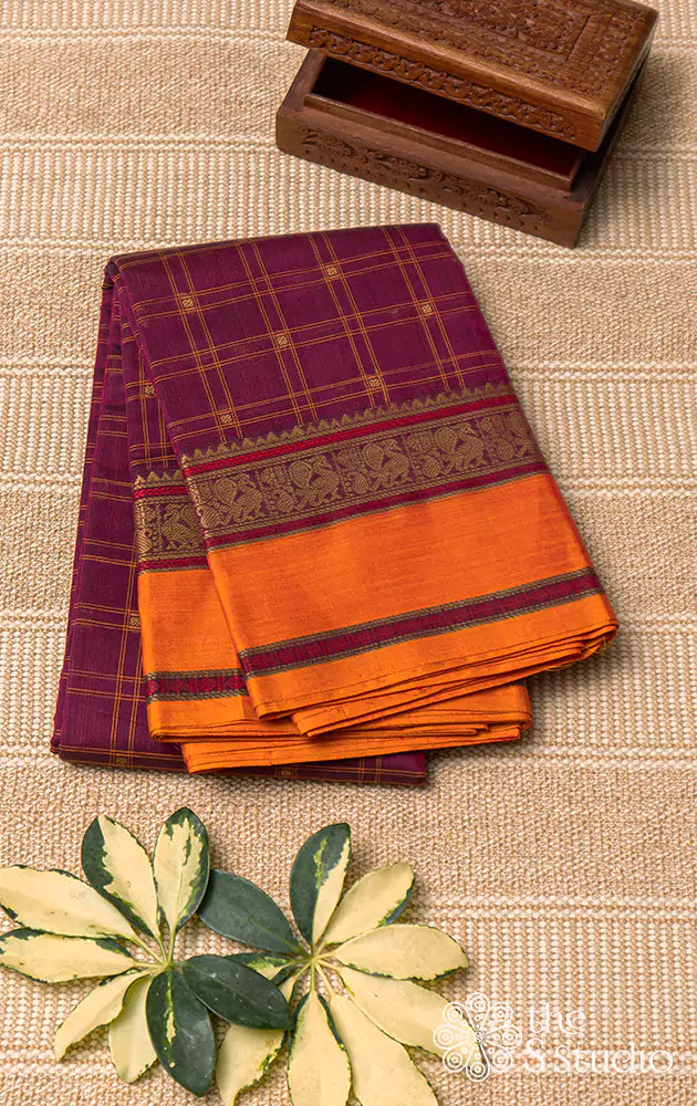 Deep Maroon Kanchi Cotton Saree With Checked Body And Contrast Border
