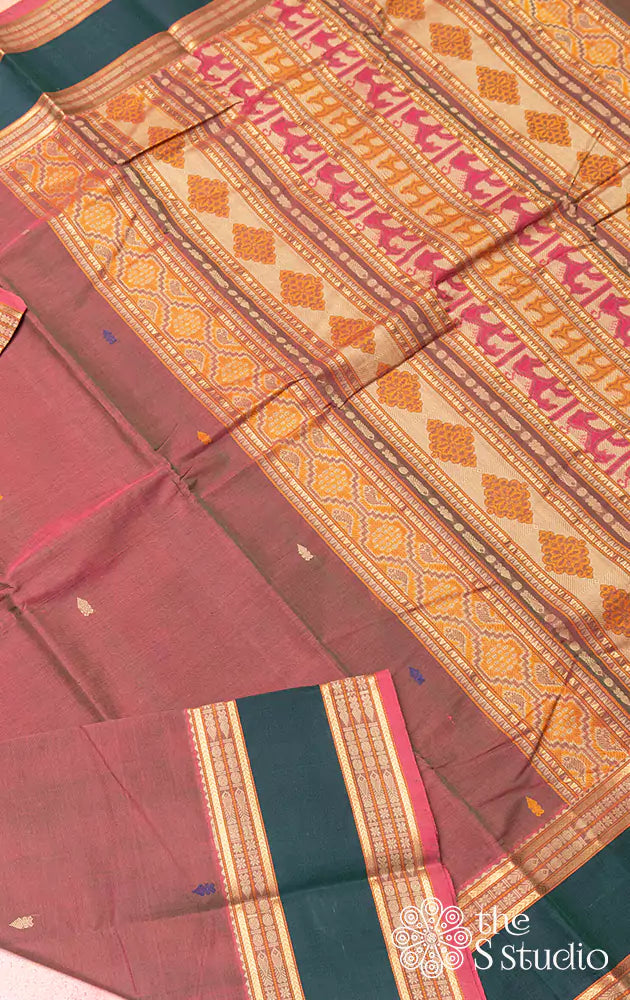 Mauve Pink Kanchi Cotton Saree With Contrast Border And Thread Worked Pallu
