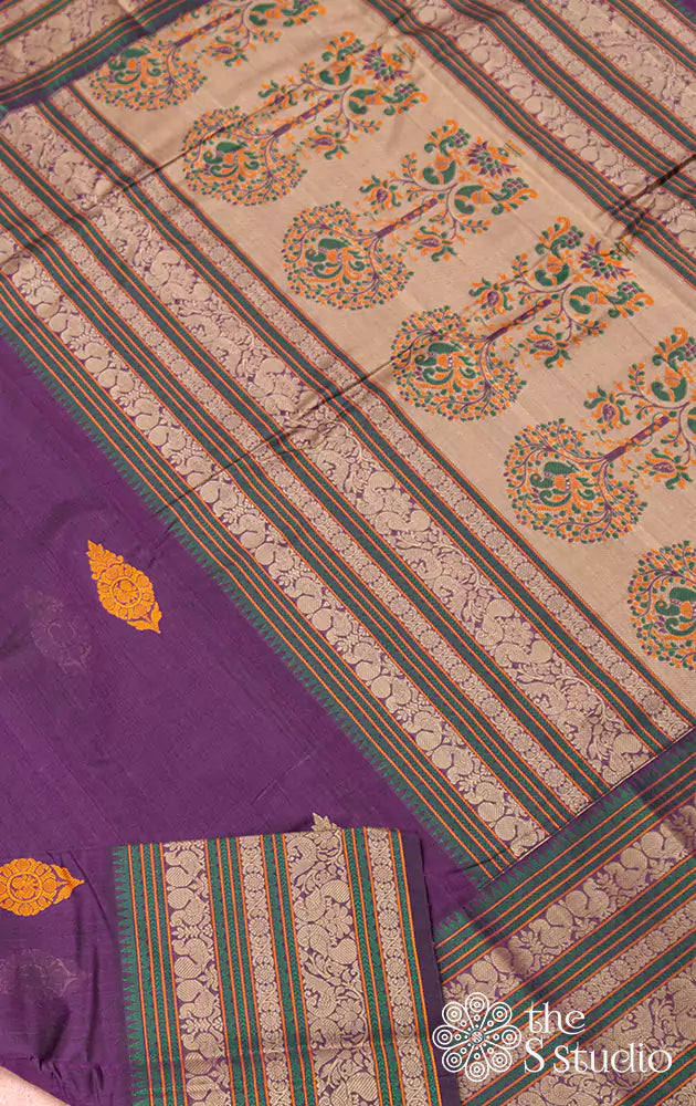 Elegant Purple Kanchi Cotton Saree With Contrast Threadwork Border And Buttas