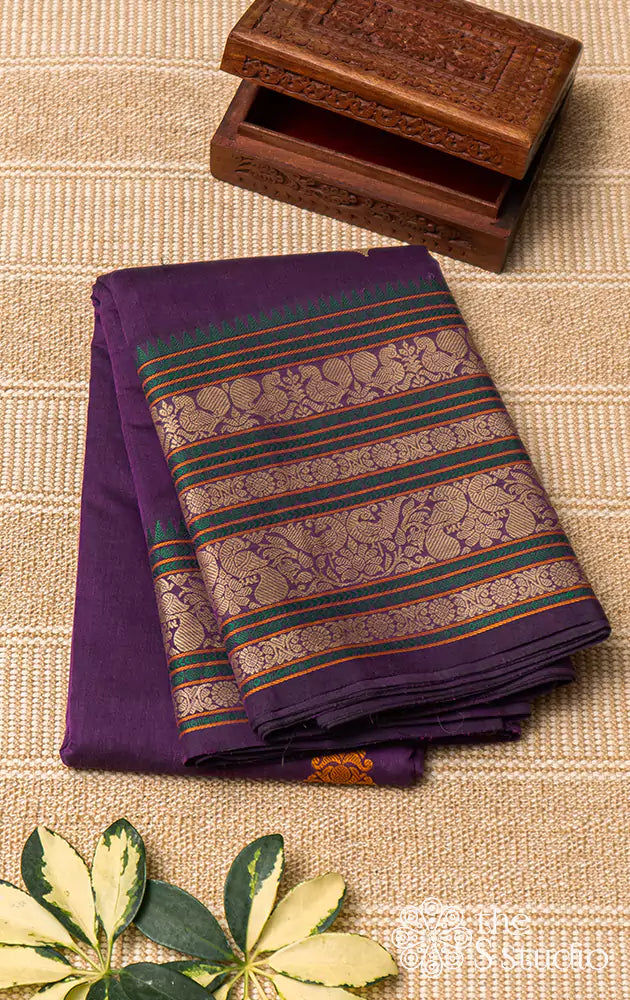 Elegant Purple Kanchi Cotton Saree With Contrast Threadwork Border And Buttas