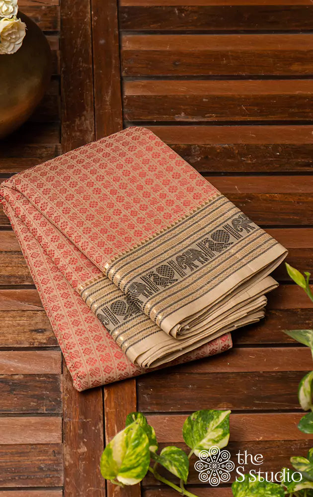 Classic Red And Beige Threadworked Kanchi Cotton Saree